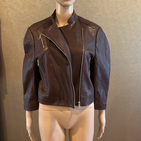 J Brand 3/4 Sleeve MOTo Brown Leather Jacket - Picture 2 of 5